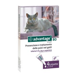 Bayer Advantage Spot On 80 gatti oltre 4 Kg. Conf. 4 Pezzi Cod. 85906348Per gatti di 4 Kg. o superiore e conigli, prevenzione e trattamento delle pulci, in pochi minuti impedisce alle pulci di pungere e poi le elimina