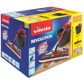 Vileda Supermocio Revolution Sistema BoxIl Box Revolution sistema lavapavimenti contiene un secchio con strizzatore, due panni 2in1 Microfibra, una piastra piatta e un manico 3 pezzi