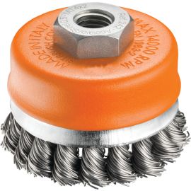 Spazzola Brixo a Tazza Mazzetti Ritorti Ø 70 mm.In acciaio Ø 70 mm. con anello di ritenuta. Fili Ø 0.50 mm. - Attacco M14 – Max 14000 Rpm. Ideale per pulire, satinare, sbavare, rimuovere ruggine e scorie