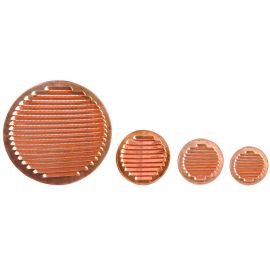 Griglia Aerazione Rame Tonda Ø 8 cm.Dimensioni esterne Ø 100 mm · Dimensioni imbocco Ø 77 mm · Passaggio aria 28 cm² · Completa di rete anti insetti