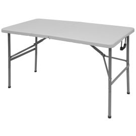 Tavolo Camping pieghevole acciaio rettangolare 122x61x74(H) cmTavolo da campeggio con struttura pieghevole in acciaio tubolare Ø 25 mm., piano in polipropilene. Dimensioni (LxPxH) 122x61x74 cm